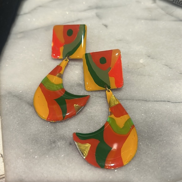 Vintage Groovy Retro Mod Painted Designer Earrings-boutique - Picture 6 of 9